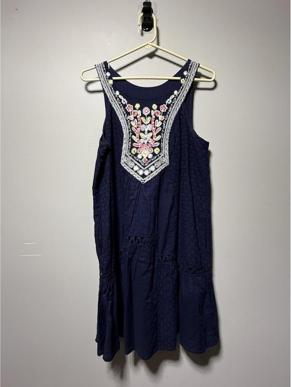 Maeve Anthropologie Tisa Swing Dress Navy Embroidered 4 Boho